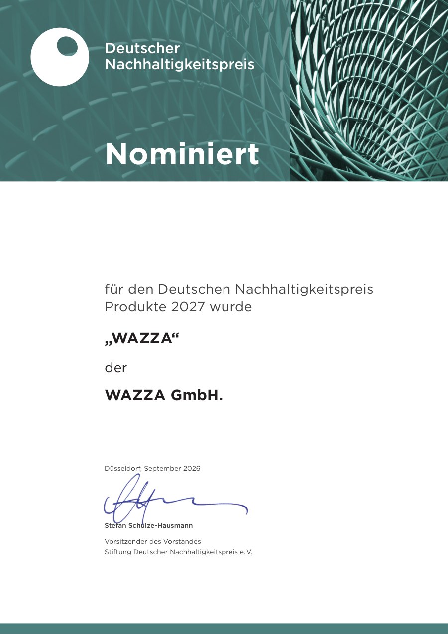 Urkunde: Nominiert für den Deutschen Nachhaltigkeitspreis Produkte 2027 wurde „WAZZA“ der WAZZA GmbH